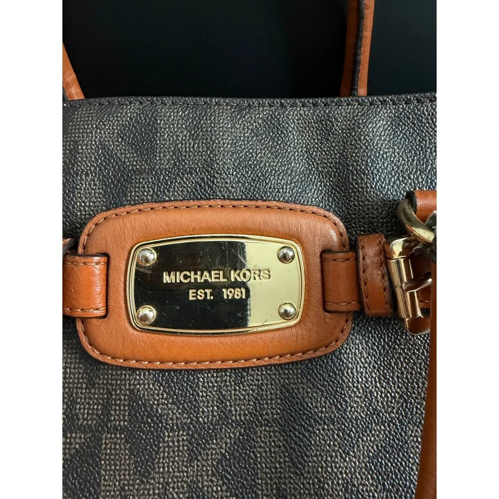 Michael Kors Hamilton Satchel Brown Logo PVC Leather Preppy Classic Tote Bag
